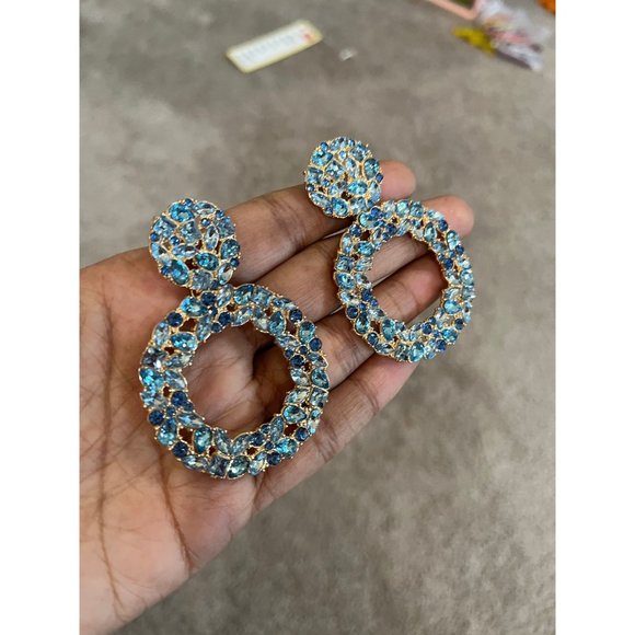 blue rhinestone earrings big statement long big aqua aquamarine large crystal - Picture 7 of 7